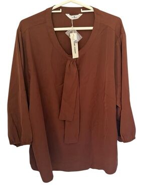 Agnes Orinda Brown Tie Neck Blouse 4X NWT Workwear Chic
